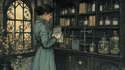 Woman Studying Book by Antique Bottles