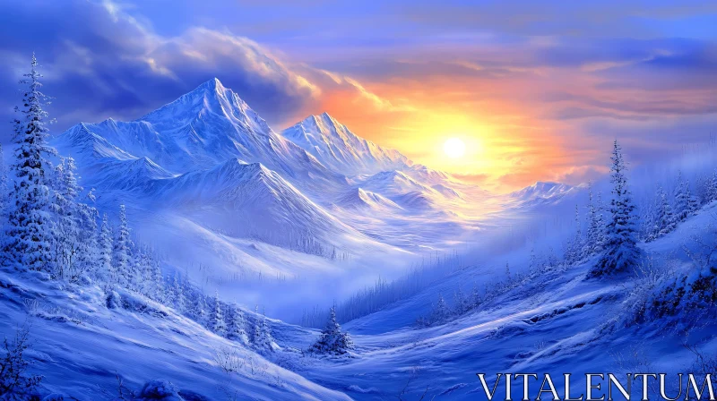 Snowy Mountain Peaks at Sunrise AI Image