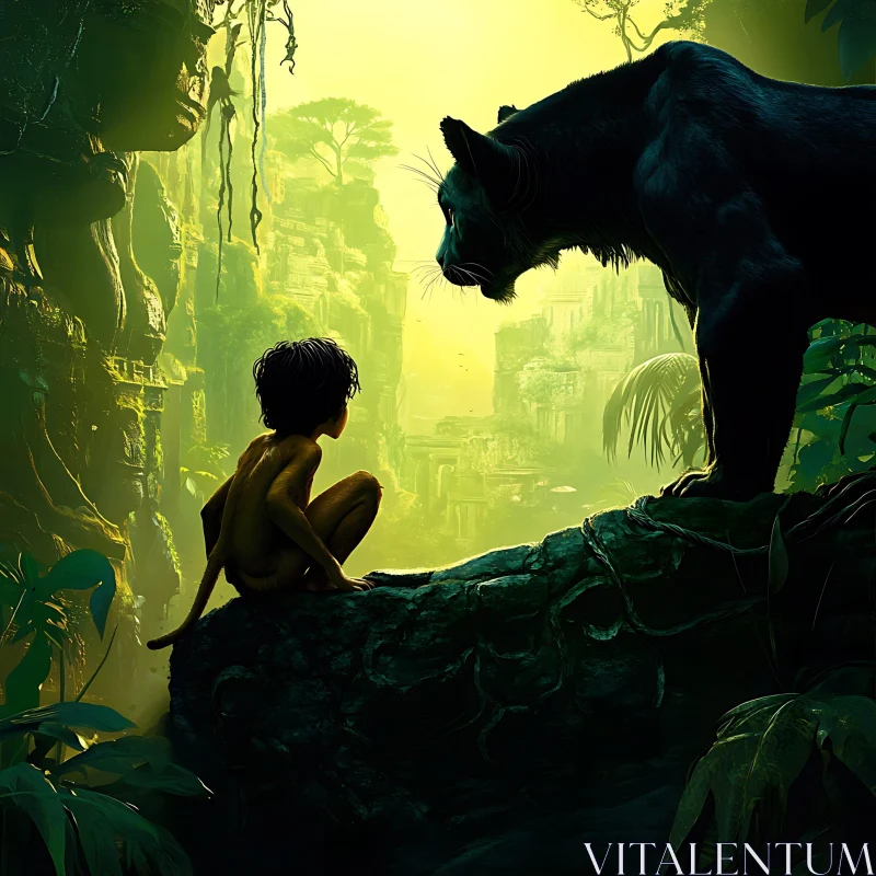 Child and Panther in Jungle Scene AI Image