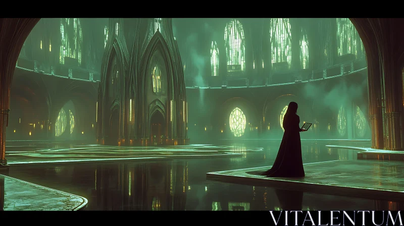 Figure in Gothic Cathedral Interior AI Image