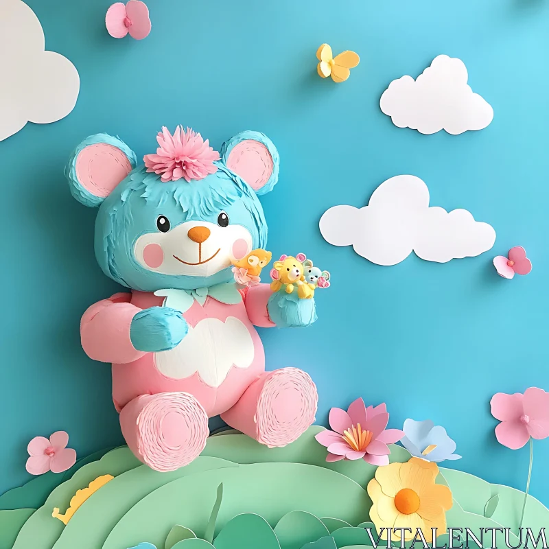 AI ART Adorable Cartoon Bear Surrounded by Flowers and Butterflies