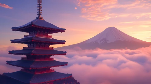 Japanese Pagoda with Mountain View