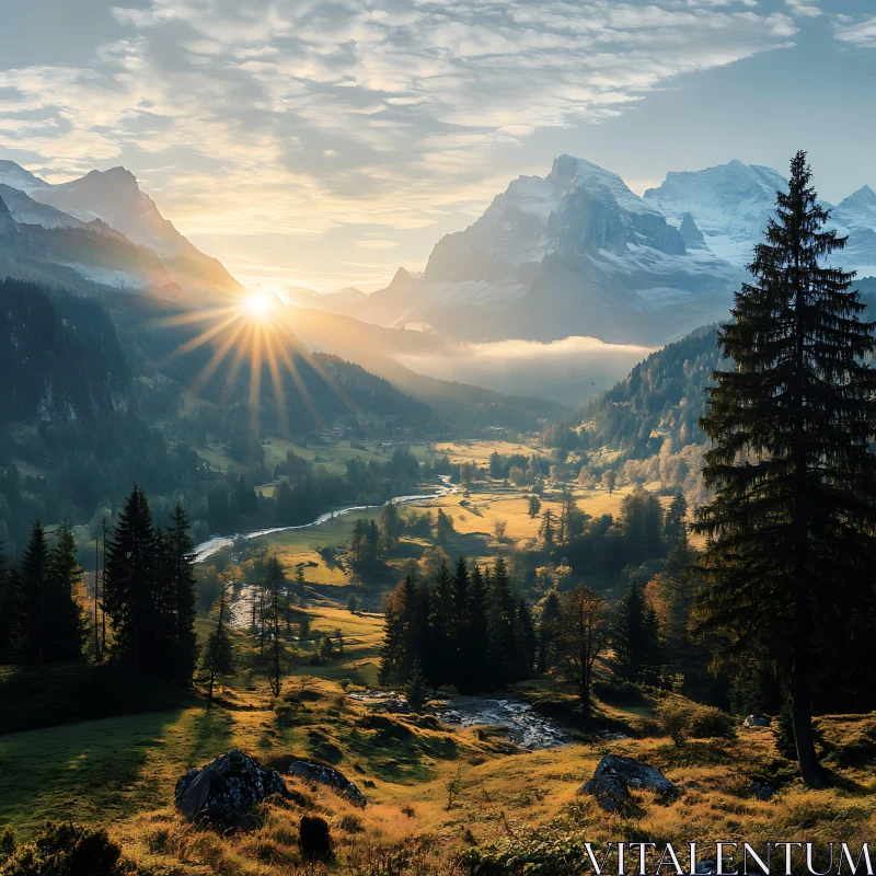 AI ART Sunrise Over Mountain Valley Landscape