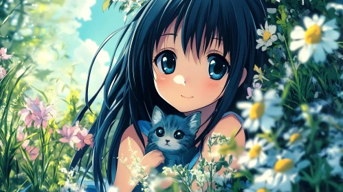 Cute Anime Girl Holding Kitten Among Flowers