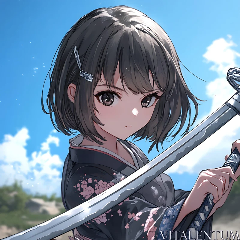 Samurai Girl with Sword Against Blue Sky AI Image