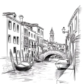 Venetian Canal Scene in Black and White Sketch