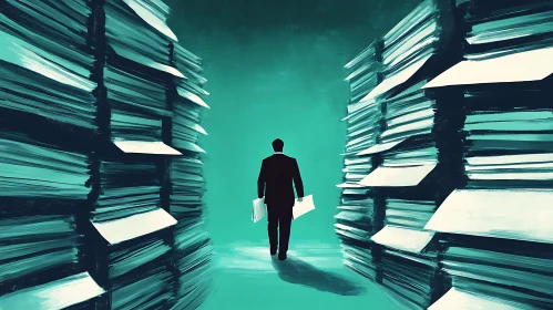 Man in Suit Surrounded by Paper Stacks