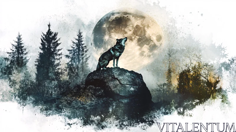 AI ART Enigmatic Wilderness - Wolf and Moon