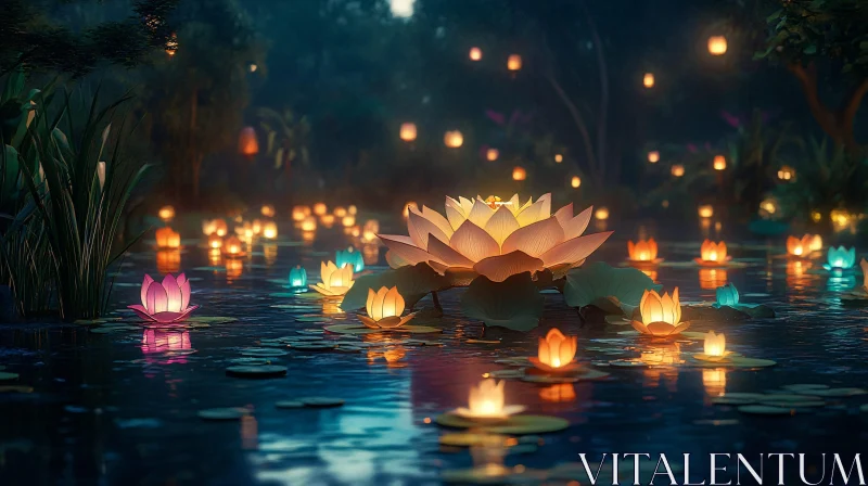 Magical Evening at a Pond with Illuminated Water Lilies AI Image