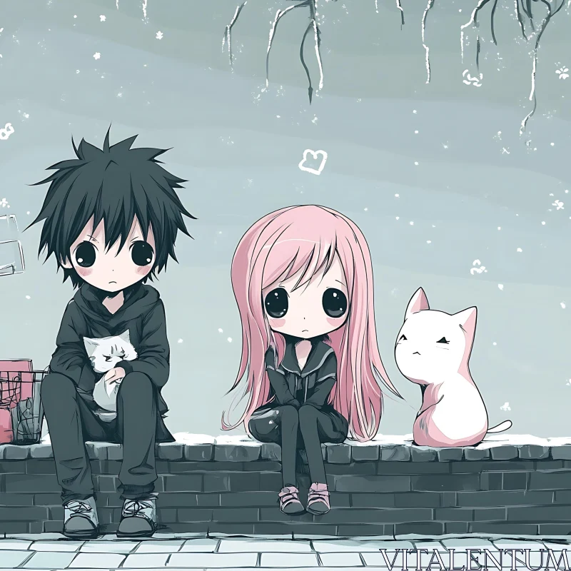 Cute Chibi Duo with Cats in Snowy Setting AI Image