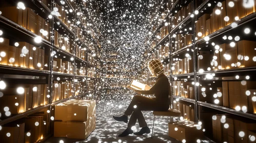 Figure Reading in a Glowing Warehouse