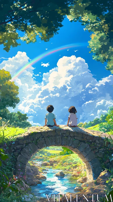 AI ART Peaceful Nature Scene with Rainbow and Children