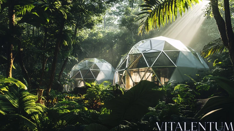 Sunlit Geodesic Domes Amidst Dense Jungle Foliage AI Image