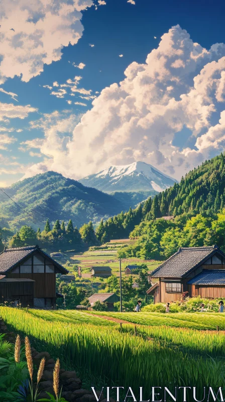 Tranquil Mountain Scenery with Rice Fields AI Image