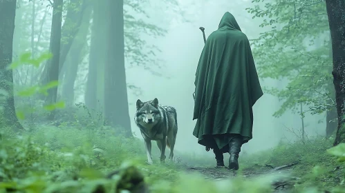 Cloaked Figure and Wolf in Misty Woods