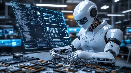 Futuristic Robot Engineer at Work