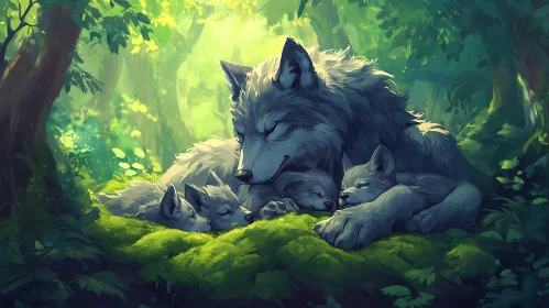 Serene Wolf Family Resting Art