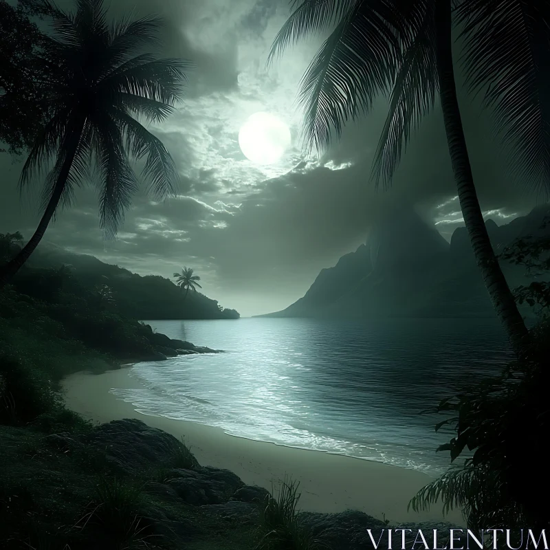 AI ART Tranquil Moonlit Seascape with Palm Trees