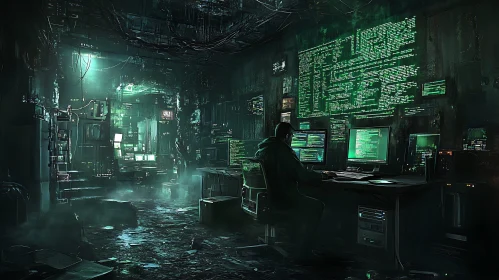 Dark Coding Room with Multiple Screens
