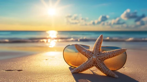 Coastal Sunset with Starfish and Sunglasses