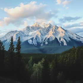 Snowy Mountain Peaks and Green Forest