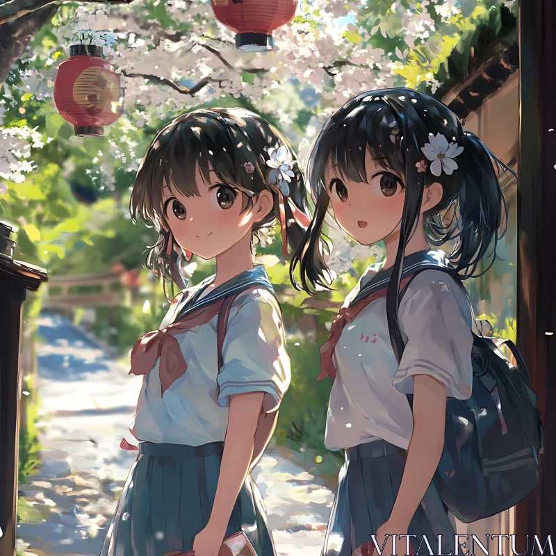 Anime Schoolgirls in Spring Scene AI Image