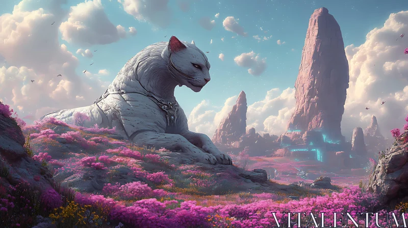 Monumental Feline Among Blossoms and Peaks AI Image