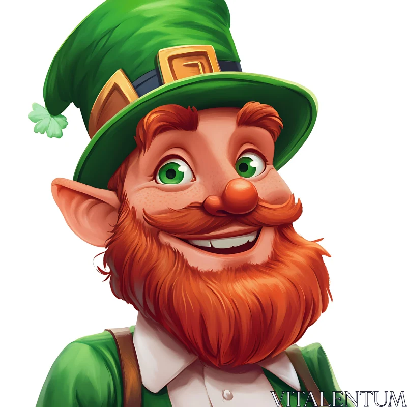 Smiling Leprechaun with Green Hat Illustration AI Image