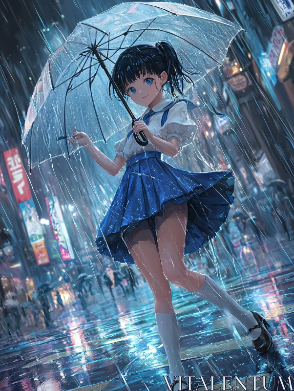 AI ART Night Scene of Anime Girl in Rain