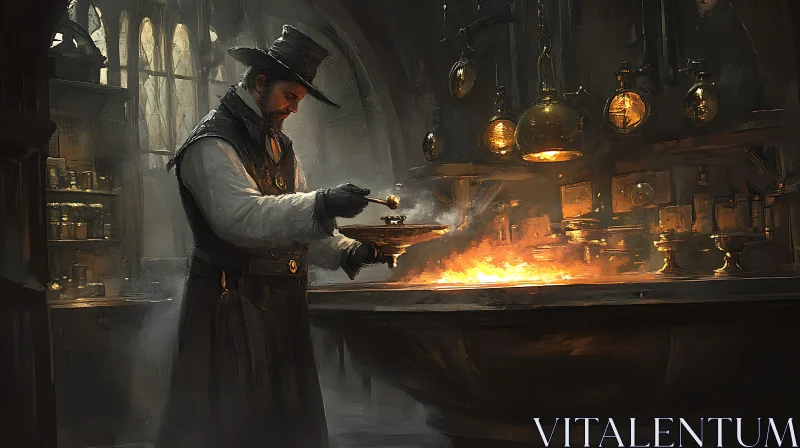 AI ART Alchemist Stirring Potion Over Fire