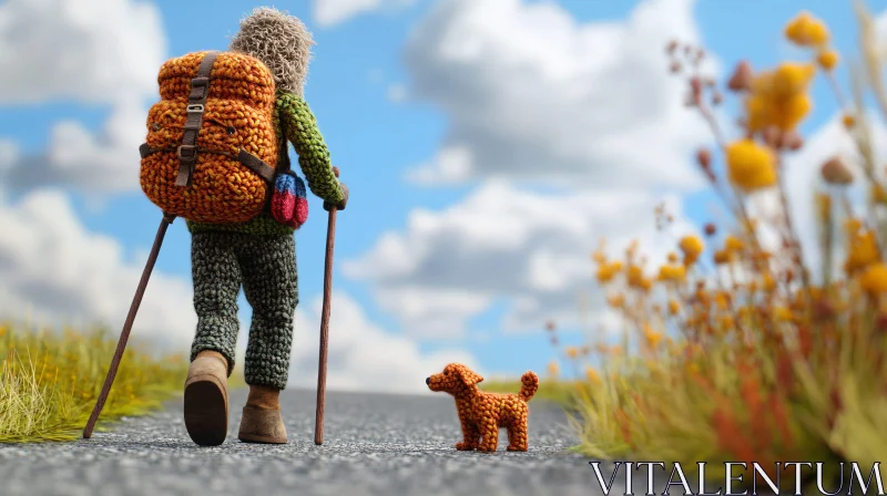 Knitted Hiker and Dog in Nature Scene AI Image