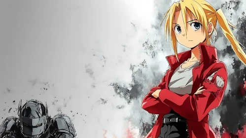 Blonde Anime Character in Red Jacket and Robot