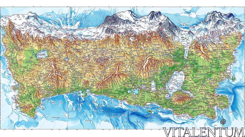 Geographic Relief Map with Snowy Peaks AI Image