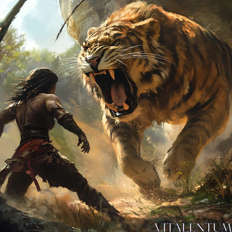 Primal Confrontation: Woman and Tiger AI Image