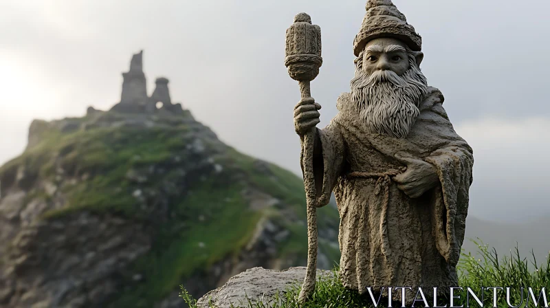 Stone Wizard Statue at Grassy Hilltop Castle AI Image