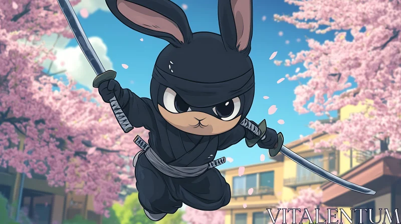 Ninja Bunny in Spring Blossom AI Image