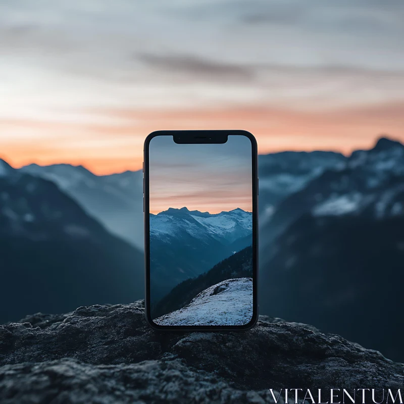 Phone Displaying Mountain Landscape at Dusk AI Image