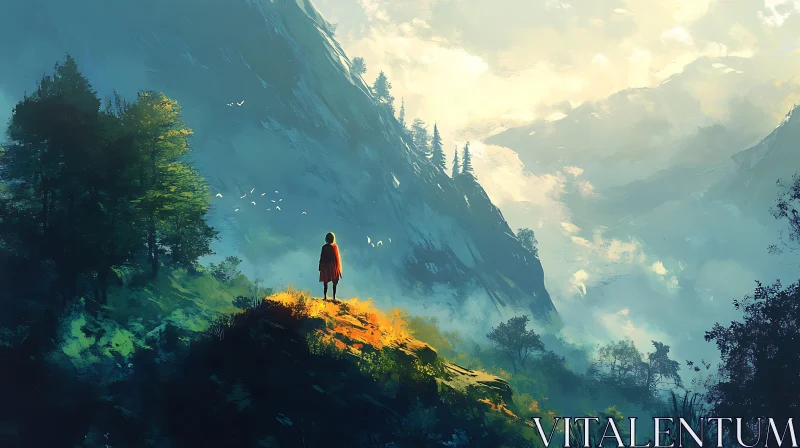 Misty Mountain Range and Lone Figure AI Image