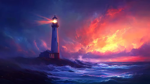 Seascape with Lighthouse and Fiery Sunset