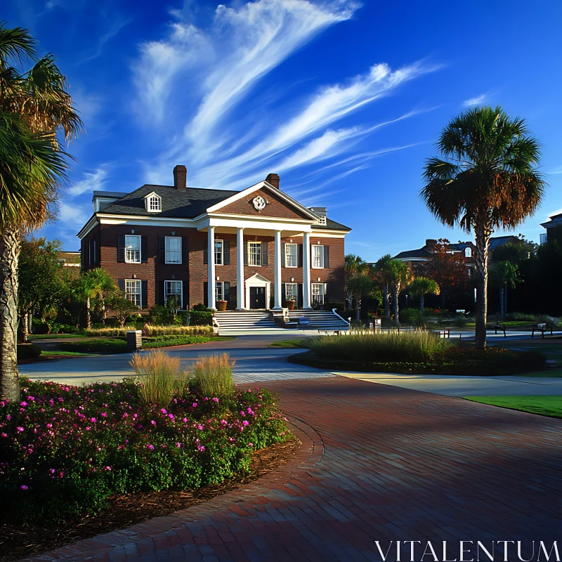 Stately Manor Among Vibrant Palms and Flowers AI Image