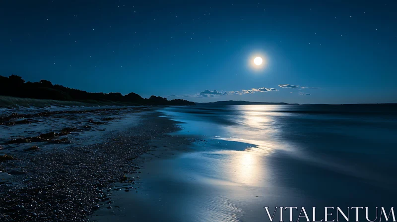 Tranquil Moonlit Beach Under Starry Night AI Image