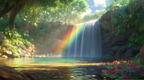 Enchanting Forest Waterfall and Rainbow