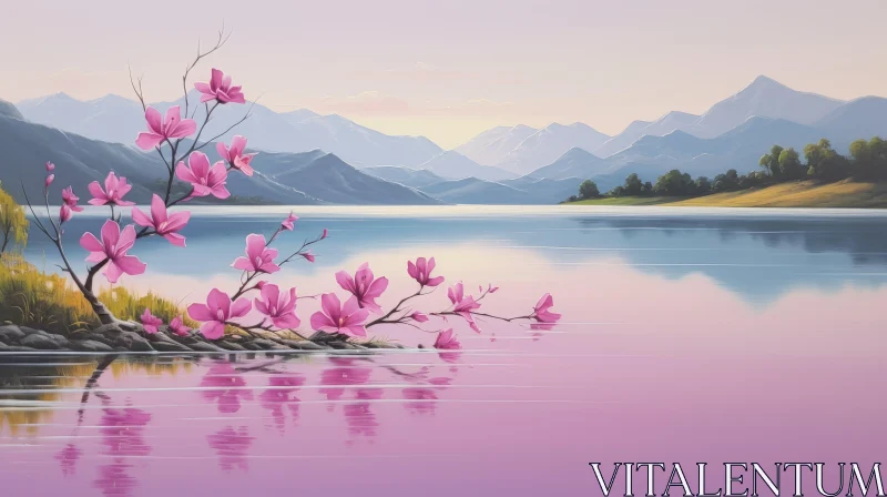 Artistic Representation of Pink Blossoms by Tranquil Water AI Image