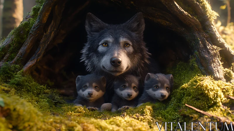 Wolf Family in Mossy Den AI Image