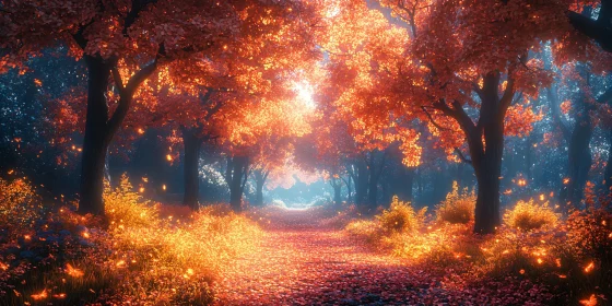 Autumn Pathway with Glowing Trees and Leaves