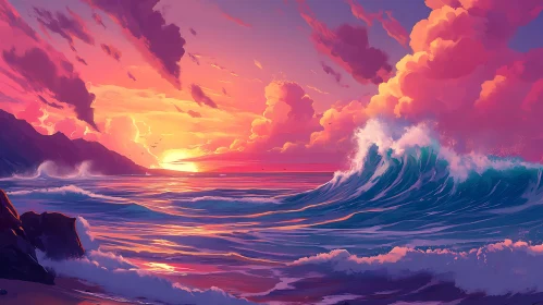 Pink Sunset Over the Ocean Waves