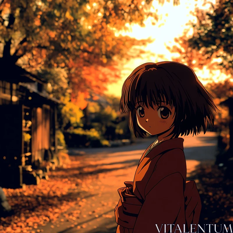 Autumn Sunset with Anime Girl in Kimono AI Image