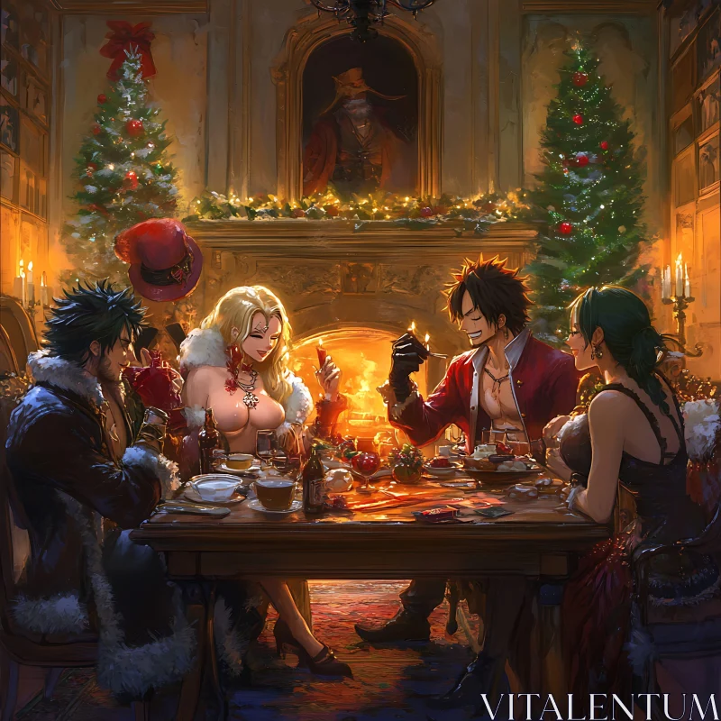 Cozy Holiday Gathering in Anime Style AI Image