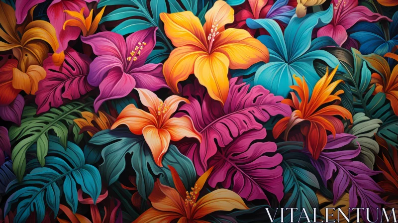Hawaiian Art: Tropical Flowers in Colorful Realism AI Image
