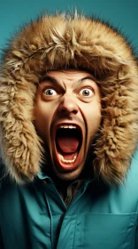 Humorous Winter Coat Man Screaming in Intense Colors